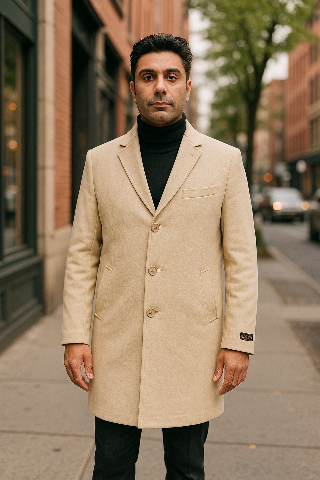 Mens Beige Wool Overcoat with Classic Notch Lapel and Single-Breasted Closure - Light Tan Sand Color - 34 Short or Extra Small