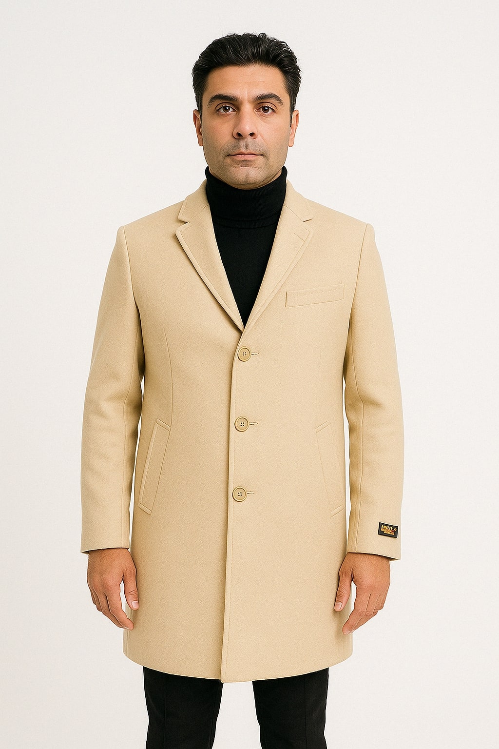Mens Beige Wool Overcoat with Classic Notch Lapel and Single-Breasted Closure - Light Tan Sand Color - 34 Short or Extra Small