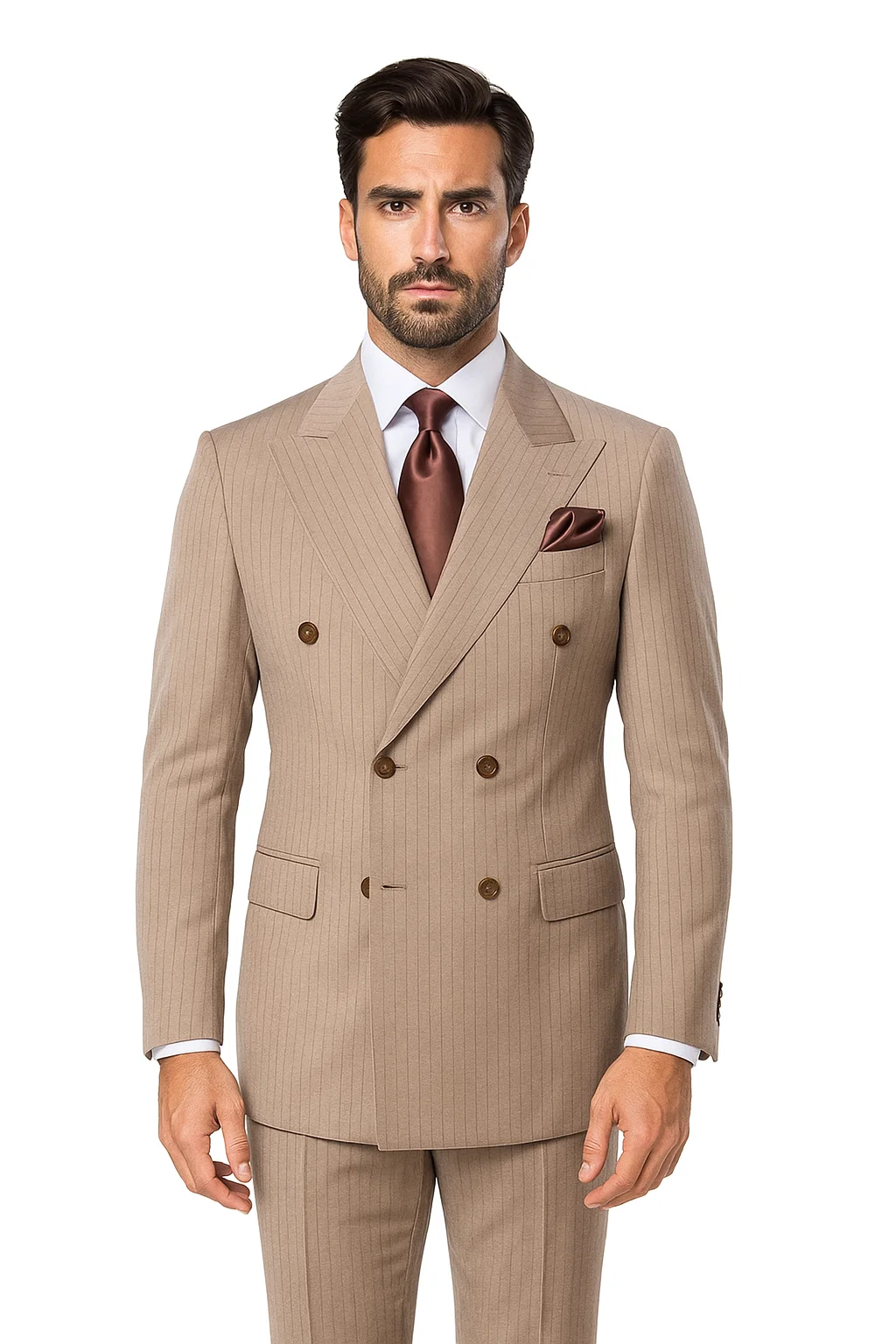 Suits With Baggy Pleated Pants - Wide Leg Pants 100% Wool - Classic Fit in Light Brown with Brown Pinstripe Color by Rossiman - 38 Regular