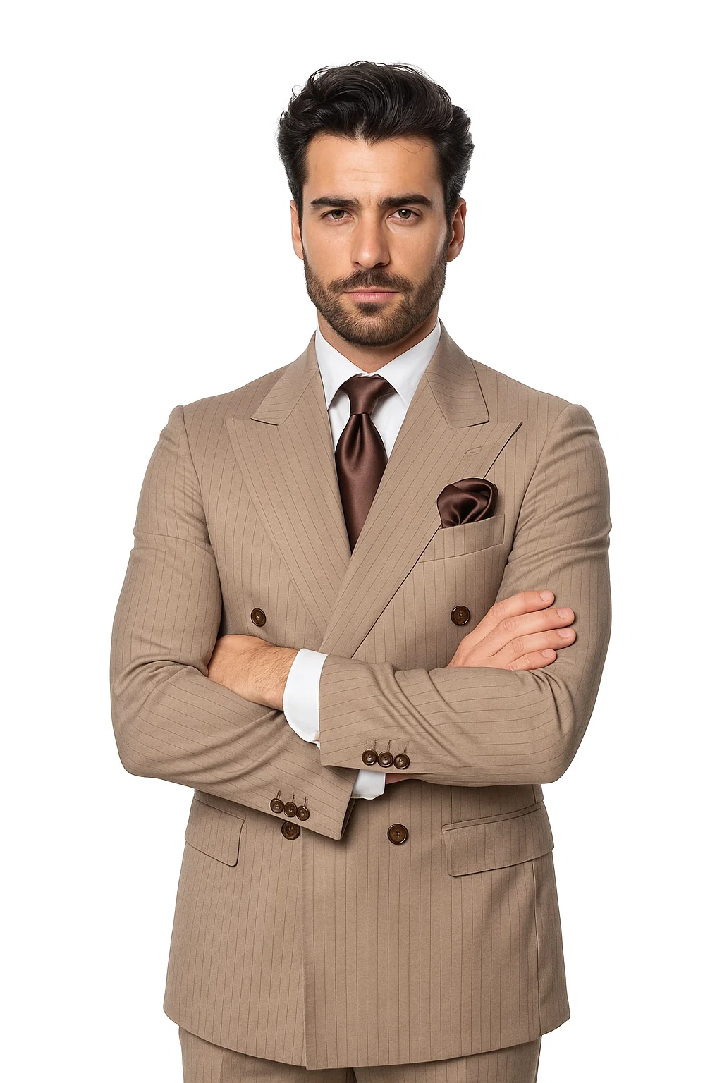 Suits With Baggy Pleated Pants - Wide Leg Pants 100% Wool - Classic Fit in Light Brown with Brown Pinstripe Color by Rossiman - 38 Regular