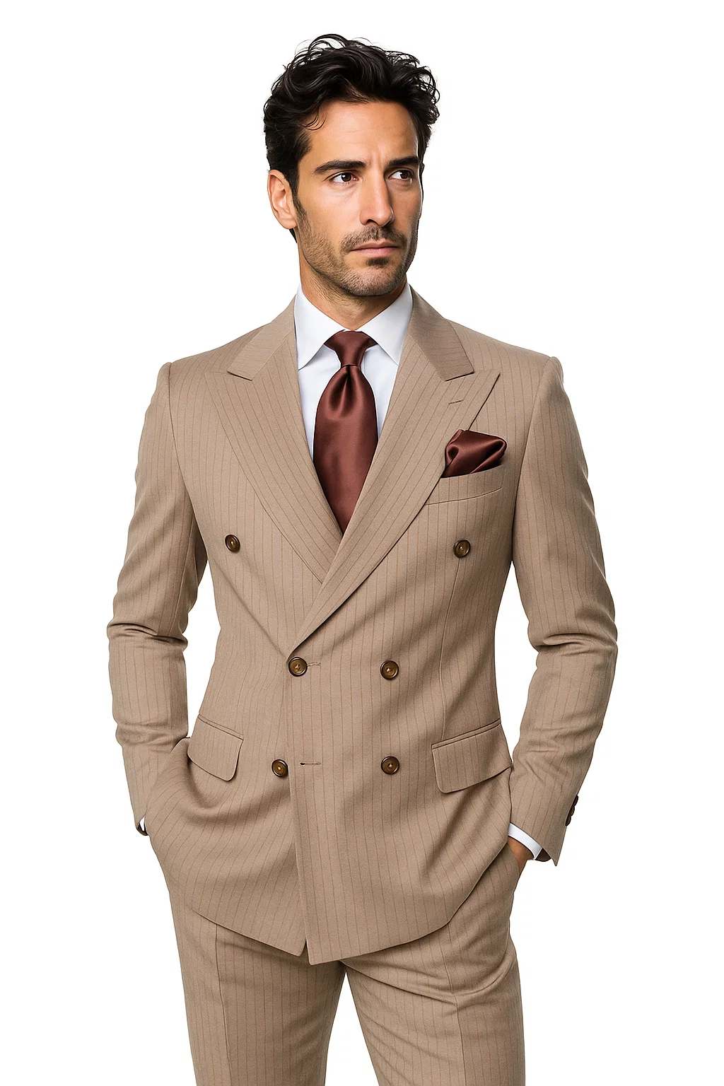 Suits With Baggy Pleated Pants - Wide Leg Pants 100% Wool - Classic Fit in Light Brown with Brown Pinstripe Color by Rossiman - 38 Regular