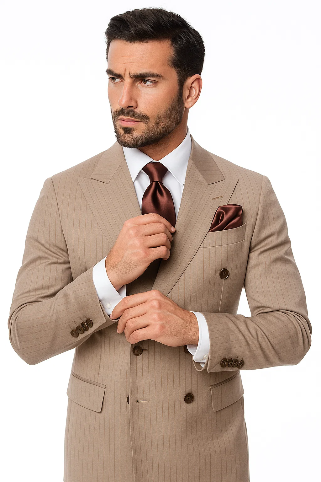 Suits With Baggy Pleated Pants - Wide Leg Pants 100% Wool - Classic Fit in Light Brown with Brown Pinstripe Color by Rossiman - 38 Regular