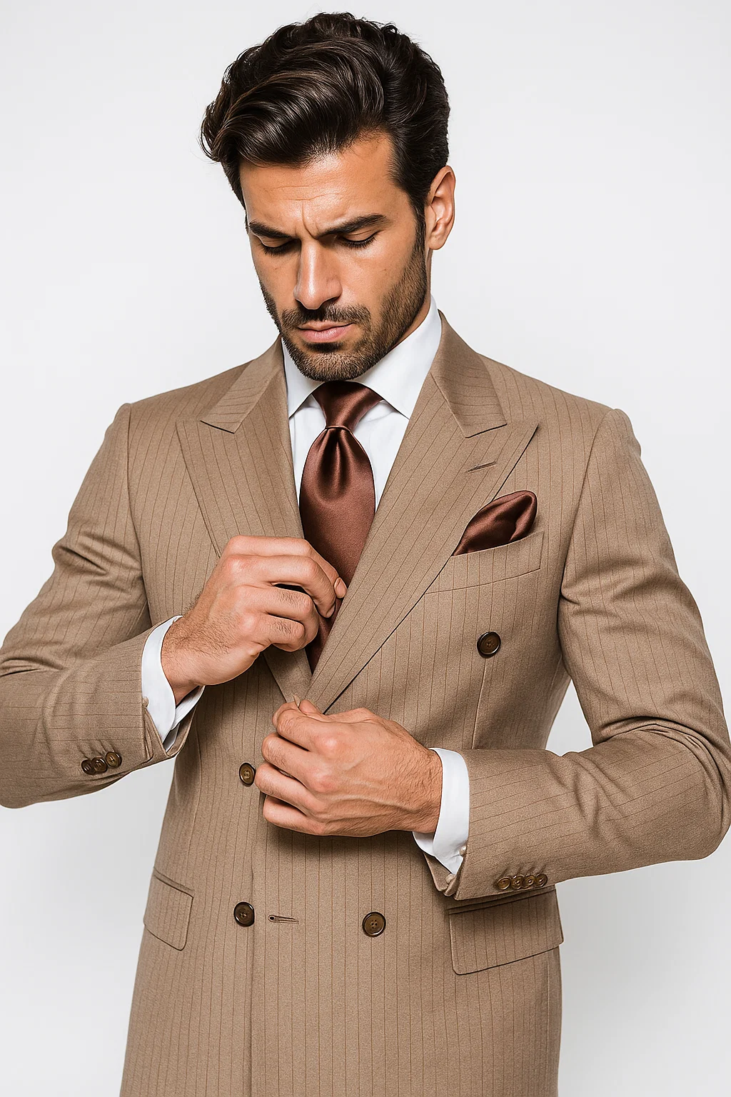 Suits With Baggy Pleated Pants - Wide Leg Pants 100% Wool - Classic Fit in Light Brown with Brown Pinstripe Color by Rossiman - 38 Regular