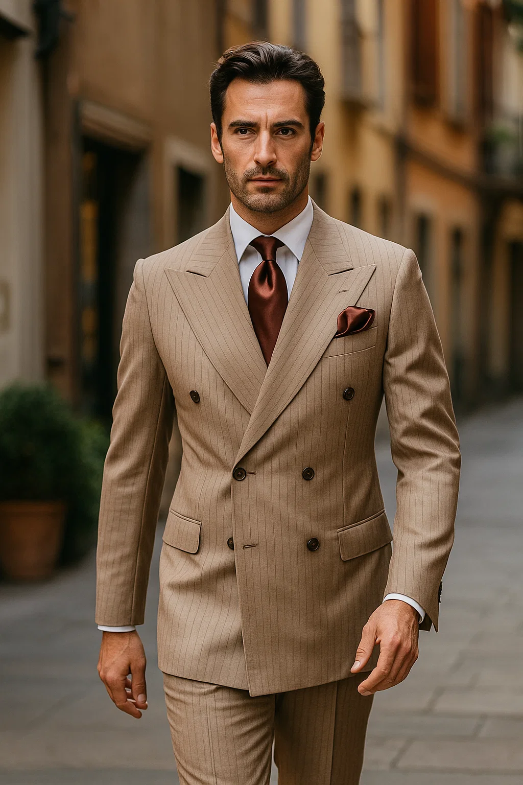 Suits With Baggy Pleated Pants - Wide Leg Pants 100% Wool - Classic Fit in Light Brown with Brown Pinstripe Color by Rossiman - 38 Regular