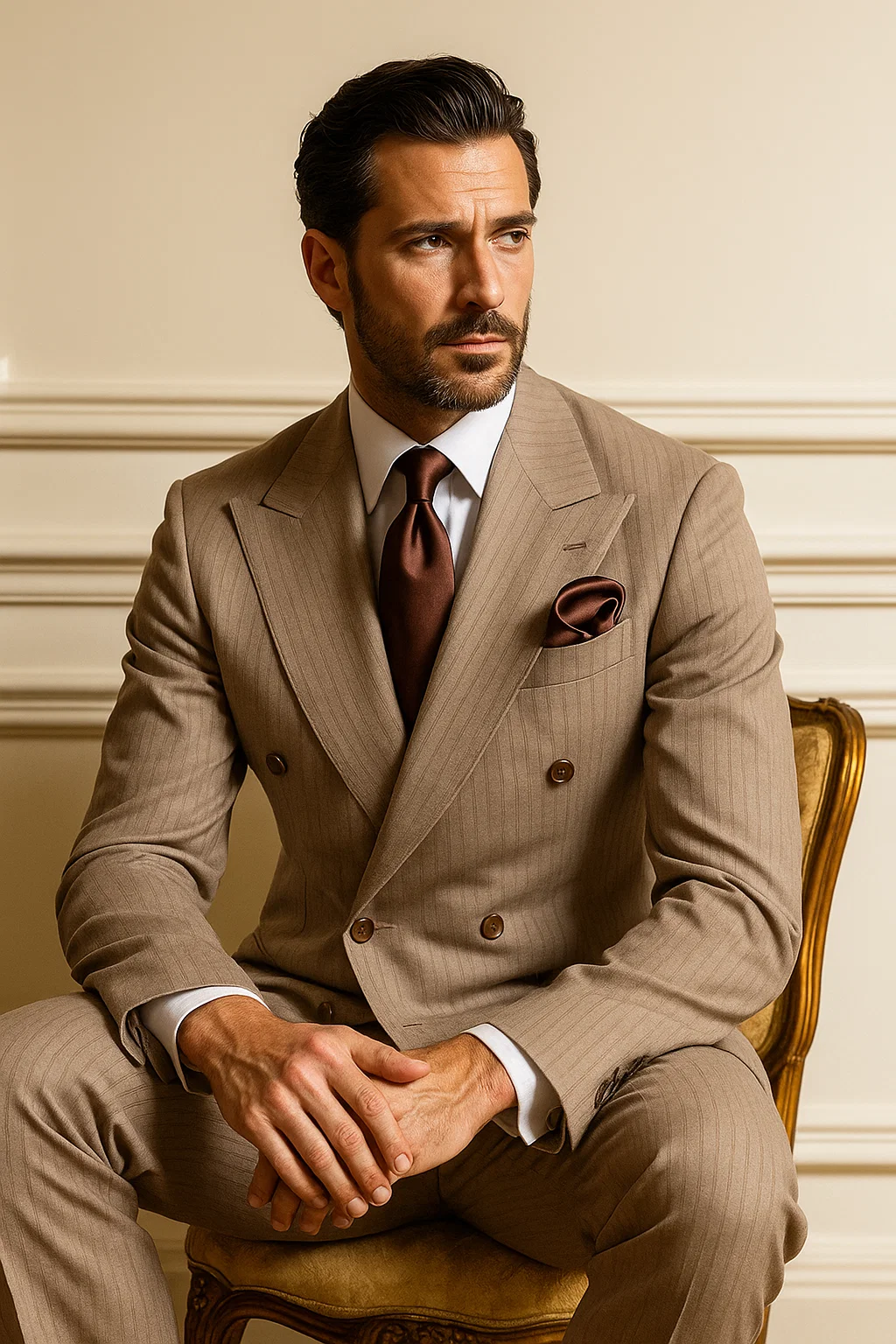 Suits With Baggy Pleated Pants - Wide Leg Pants 100% Wool - Classic Fit in Light Brown with Brown Pinstripe Color by Rossiman - 38 Regular