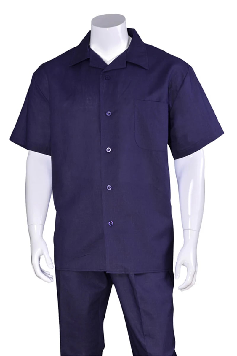 Mens Short Sleeve 100% Linen Casual Leisure Set Walking Suit in Navy - S