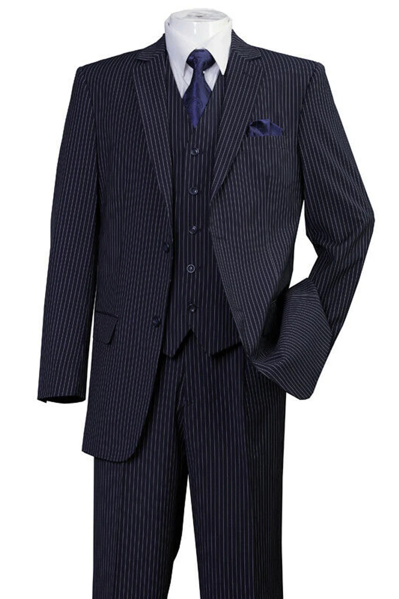 Mens 2 Button Vested Bold Gangster Pinstripe Suit in Navy - 38 Short Jacket+32 Waist Adjustable 28to34)(Height: 5 4 to5 7 )(Neck  15-16.5)S-M)