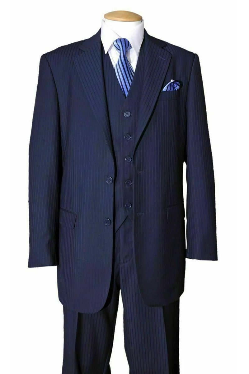 Mens Classic 2 Button Vested Ton on Ton Suit in Navy - 38 Short Jacket+32 Waist Adjustable 28to34)(Height: 5 4 to5 7 )(Neck  15-16.5)S-M)