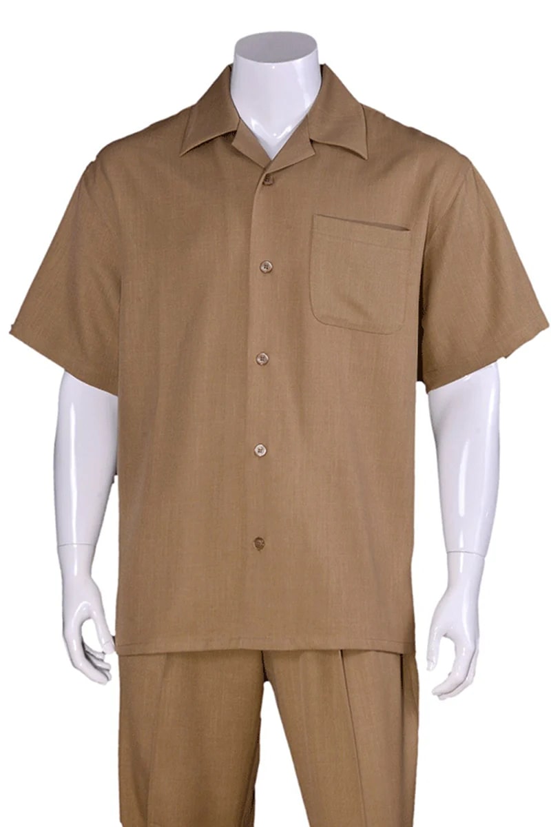 Mens Short Sleeve Casual Summer Walking Suit in Solid Tan - S