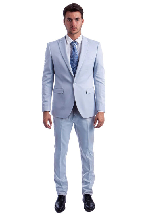 Cheap Priced Suit- Men's One Button Peak Lapel Basic Slim Fit Light Blue Suit