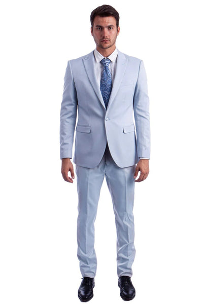 Cheap Priced Suit- Men's One Button Peak Lapel Basic Slim Fit Light Blue Suit