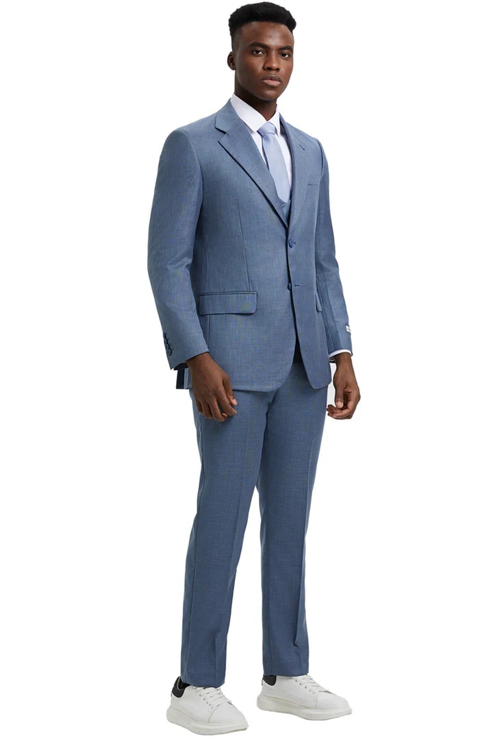 Cheap Suit - Men's Two Button Vested Stacy Adams Designer Sharkskin Steel Light Blue Suit