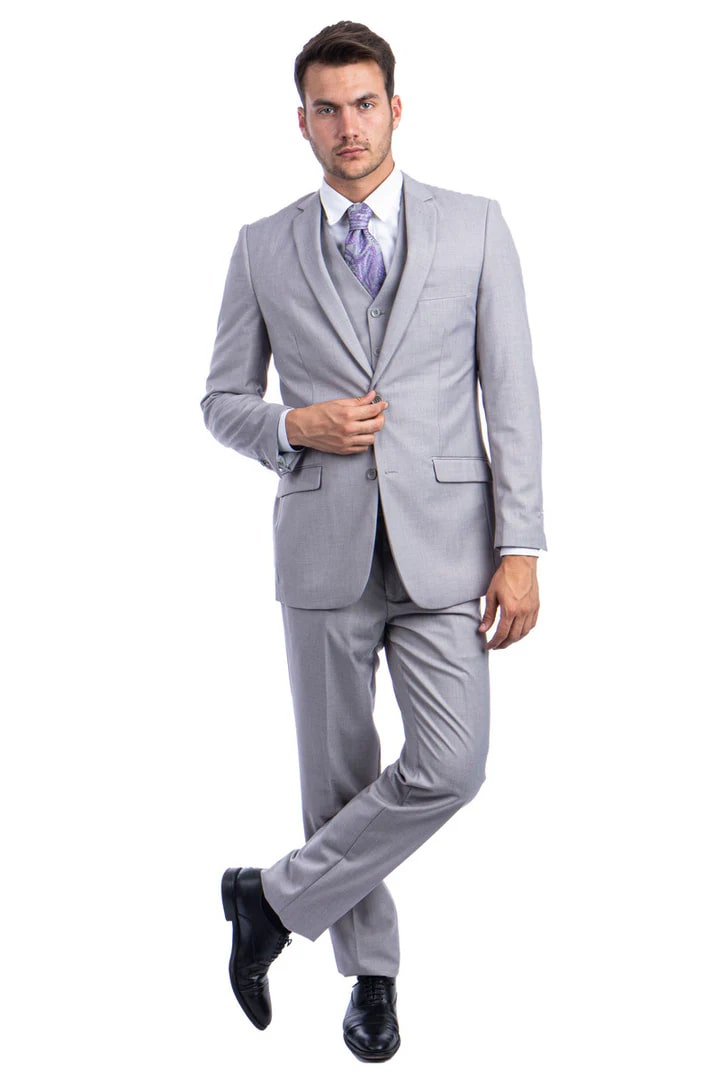 Cheap Suit - Men's Two Button Basic Hybrid Fit Vested Light Grey Suit