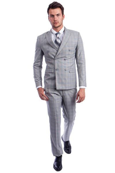 Cheap priced Suit- Men's Slim Fit Double Breasted Glen Plaid Light Grey Suit