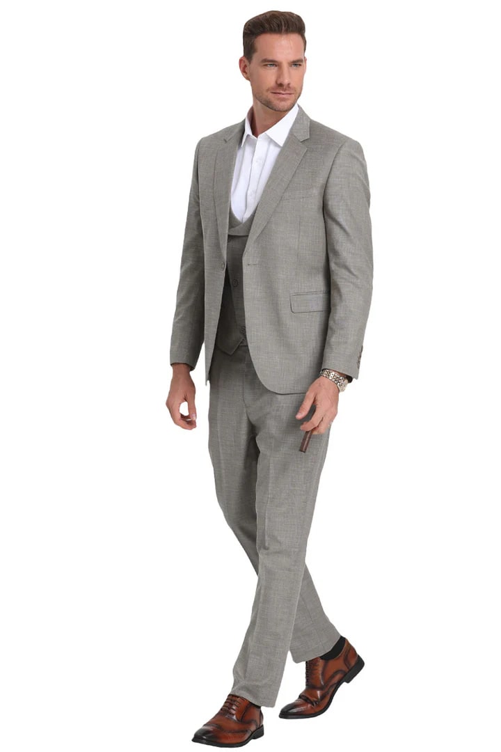 Cheap Suit - Men's One Button Double Breasted Vest Slim Fit Sharkskin Wedding Light Grey Suit