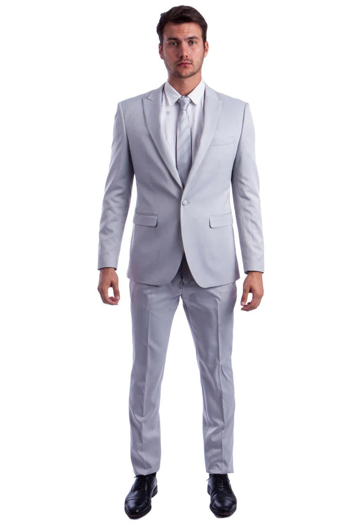 Cheap Priced Suit- Men's One Button Peak Lapel Basic Slim Fit Light Grey Suit