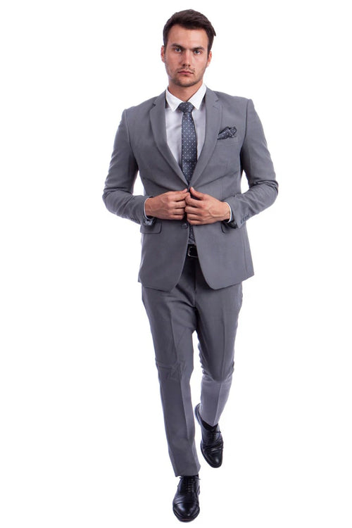 Cheap Priced Suit -  Men's Two Button Hybrid Fit Basic Business Light Grey Suit