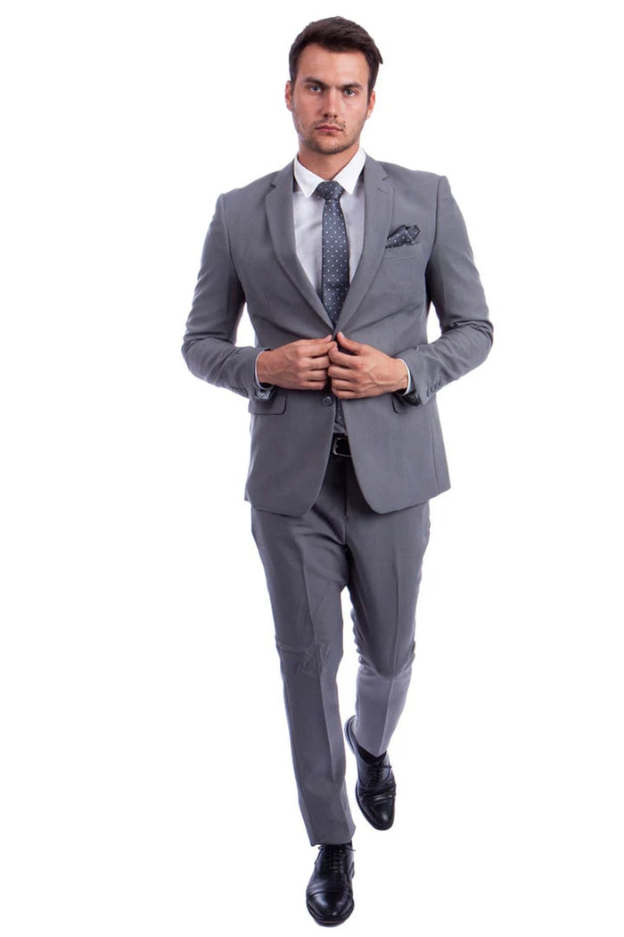 Cheap Priced Suit -  Men's Two Button Hybrid Fit Basic Business Light Grey Suit