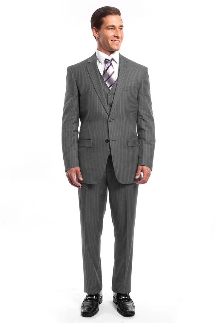 Cheap Suit - Men's Two Button Vested Business Light Grey Pinstripe Suit