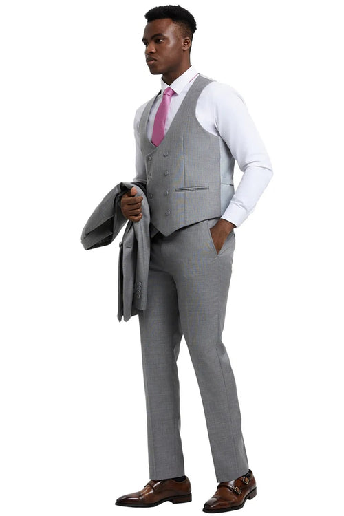 Cheap Priced Suit- Men's Two Button Vested Stacy Adams Designer Sharkskin Light Grey Suit