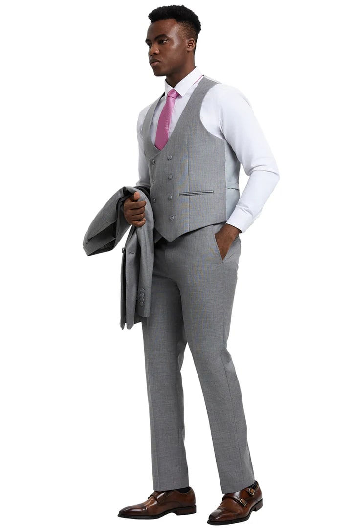 Cheap Suit - Men's Two Button Vested Stacy Adams Designer Sharkskin Light Grey Suit