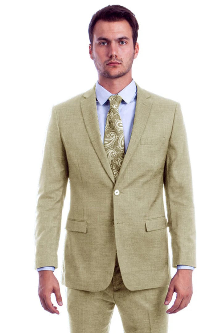 Cheap Priced Suit - Men's Two Button Modern Fit Linen Look Summer Light Beige Suit - 38 Short Jacket+32 Waist Adjustable 28to34)(Height: 5 4 to5 7 )(Neck  15-16.5)S-M)