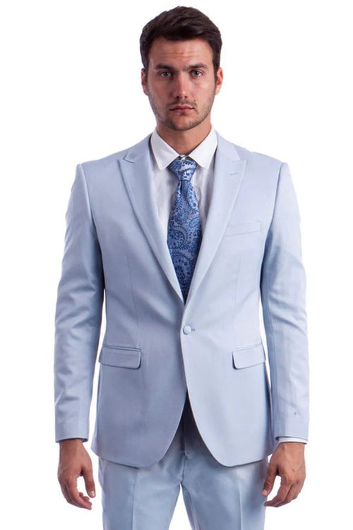 Cheap Priced Suit- Men's One Button Peak Lapel Basic Slim Fit Light Blue Suit