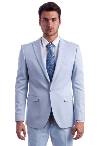 Cheap Priced Suit- Men's One Button Peak Lapel Basic Slim Fit Light Blue Suit
