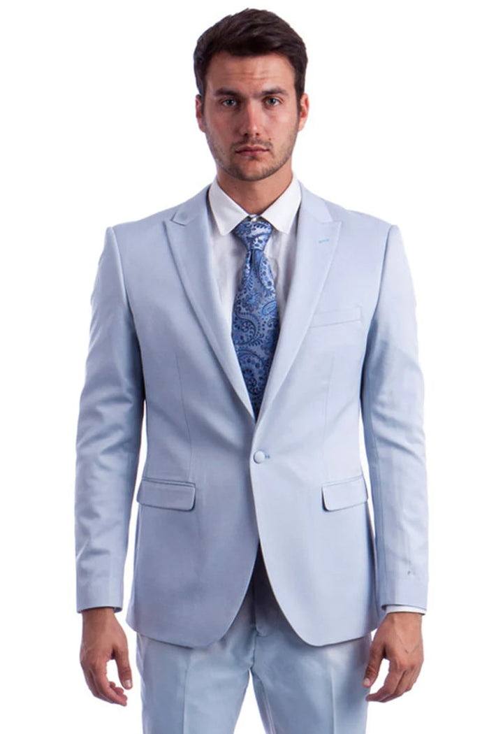 Cheap Priced Suit- Men's One Button Peak Lapel Basic Slim Fit Light Blue Suit