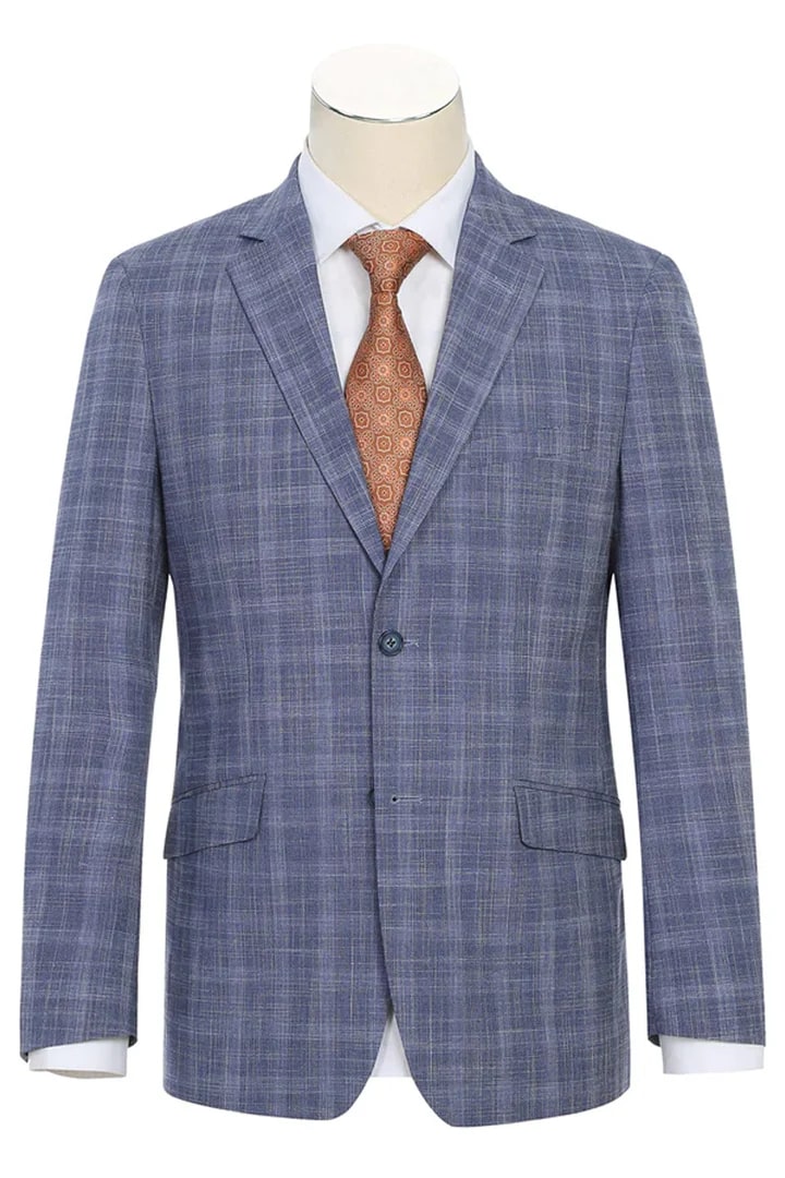 Cheap Priced Suit - Mens Slim Fit Two Button Light Blue Wide Suit Windowpane Summer Plaid