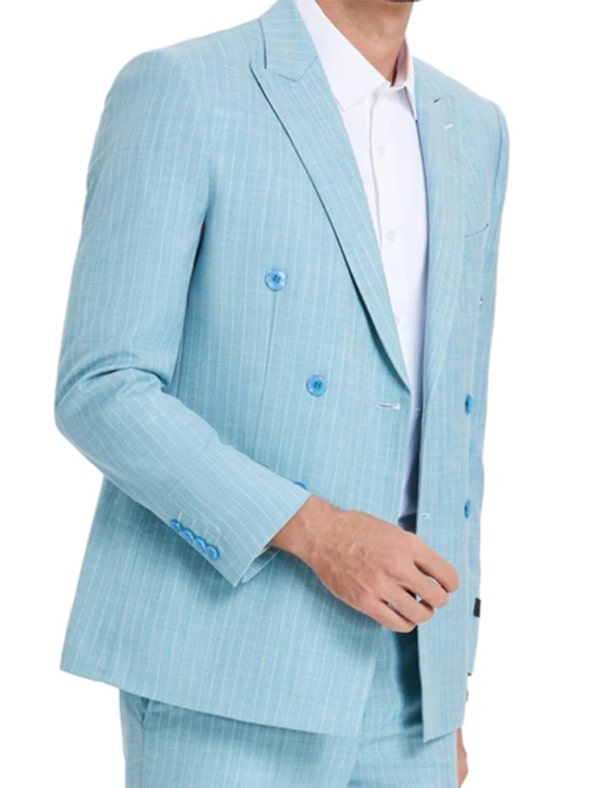 Light Blue Checkered Double-Breasted Suit - Breezy Elegance