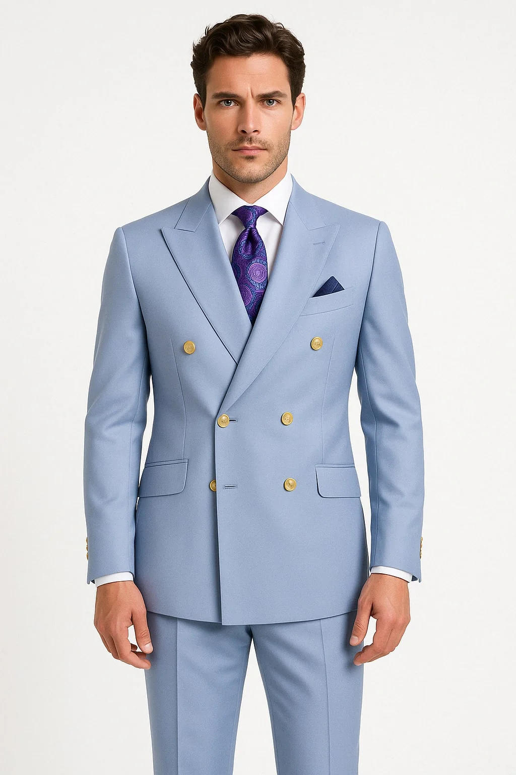 Mens Light Blue Double-Breasted Suits with Gold Button – Slim Fit 2-Piece Formal Set in Sky Blue Color - 34 Short or Extra Small