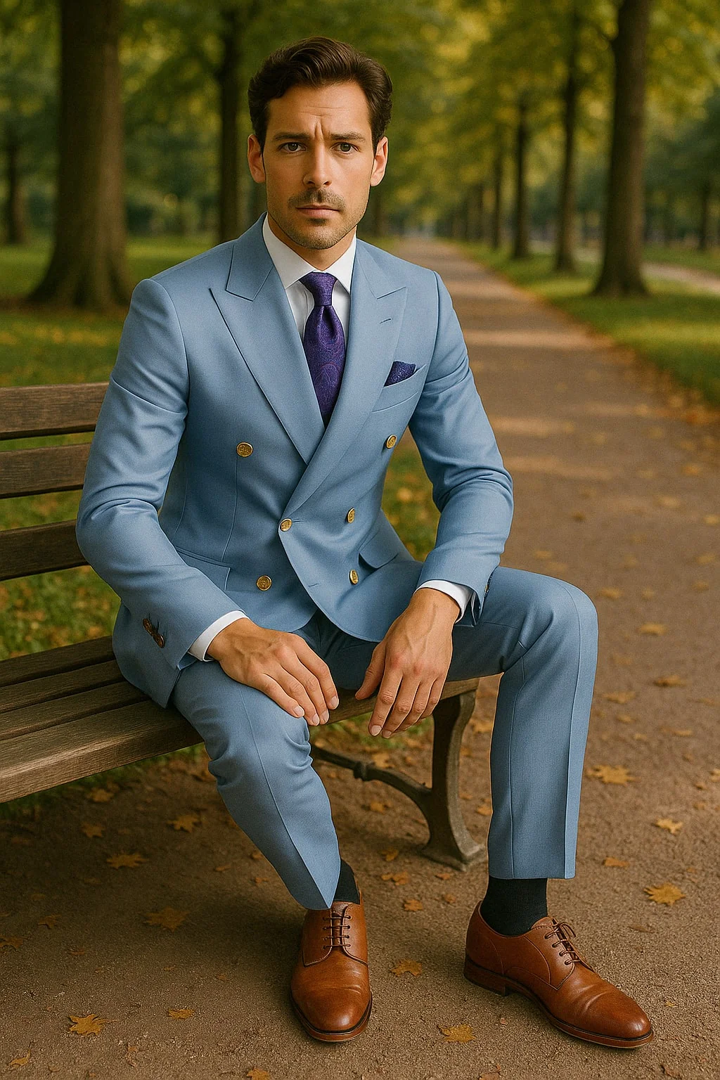 Mens Light Blue Double-Breasted Suits with Gold Button – Slim Fit 2-Piece Formal Set in Sky Blue Color - 34 Short or Extra Small