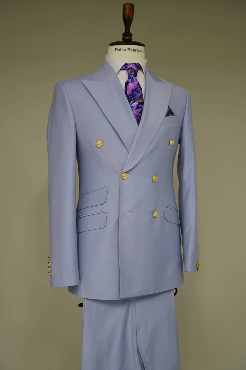 Mens Light Blue Double-Breasted Suits with Gold Button – Slim Fit 2-Piece Formal Set in Sky Blue Color - 34 Short or Extra Small