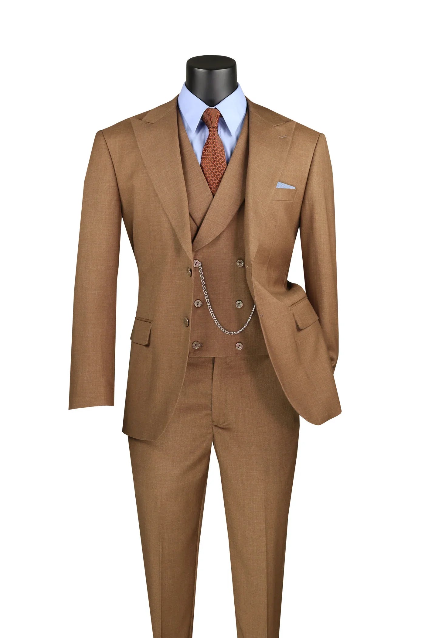 Light Brown Modern Fit 3-Piece Suit with Lapel Vest & Adjustable Pants - 38 Short - 32 Waist