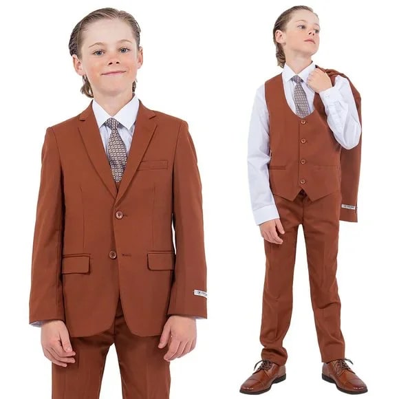 Exclusive Stacy Adams 5pc Boys Suit Slim-Fit, Light Brown - Boy Size : 4 (Weight 38 to 49)