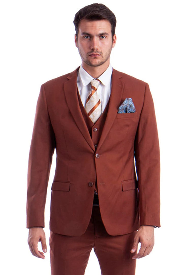 Cheap Priced Suit- Men's Two Button Slim Fit Vested Solid Basic Color Light Brown Suit