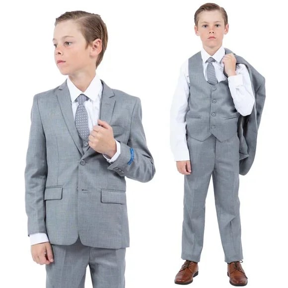 Perry Ellis Boys Sharkskin 5pc Suit, Light Gray - Boy Size : 4 (Weight 38 to 49)