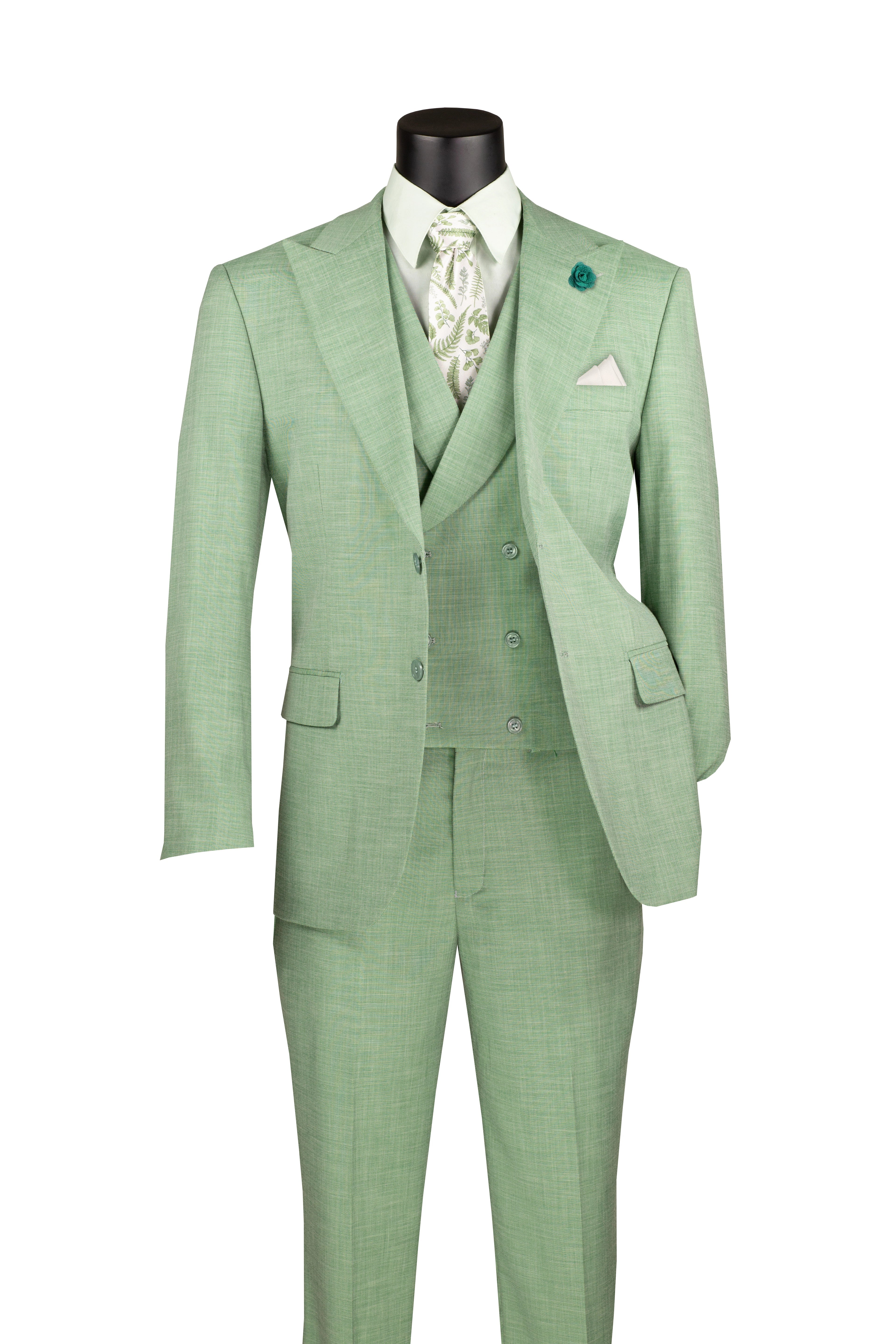 Light Green Modern Fit 3-Piece Suit with Lapel Vest & Adjustable Pants - 38 Short - 32 Waist