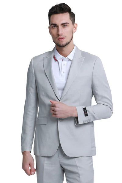 Cheap Priced Suit- Men's Two Button Peak Lapel Summer Linen Style Beach Wedding Light Grey Suit