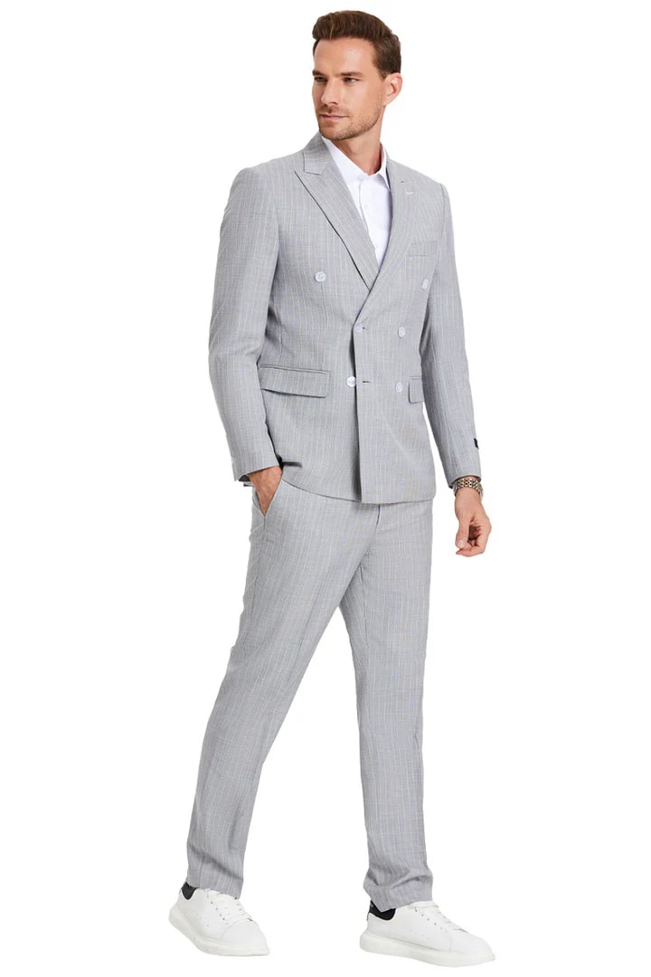 Cheap Suit - Men's Slim Fit Double Breasted Summer Pastel Suit In Light Grey Pinstripe