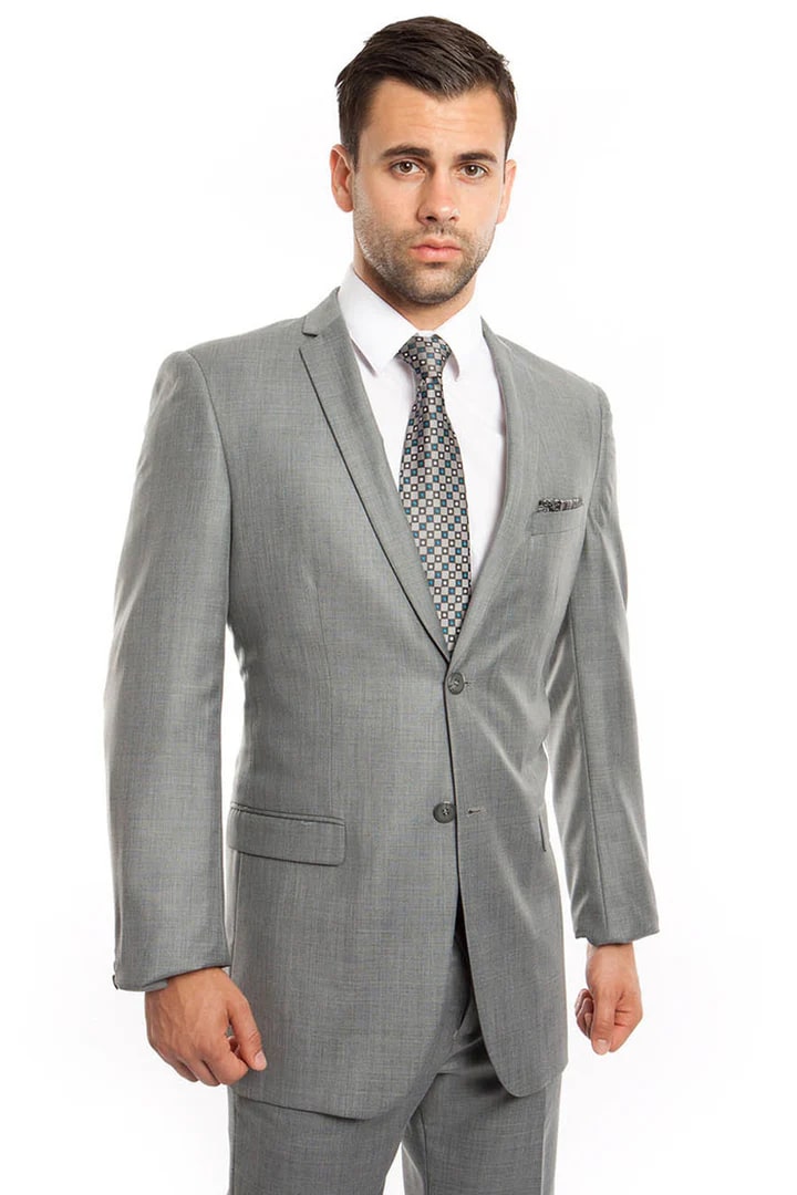 Cheap Priced Suit  - Men's Slim Fit Textured Shiny Sharkskin Light Grey Suit - 38 Short Jacket+32 Waist Adjustable 28to34)(Height: 5 4 to5 7 )(Neck  15-16.5)S-M)