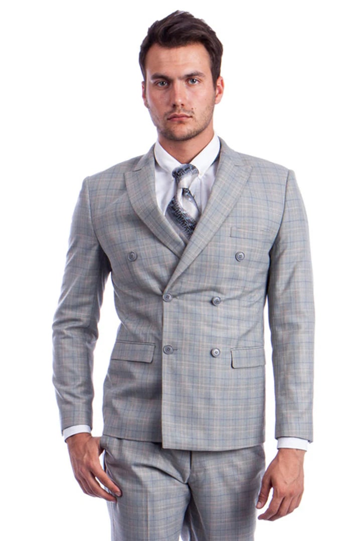 Cheap priced Suit- Men's Slim Fit Double Breasted Glen Plaid Light Grey Suit - 38 Short Jacket+32 Waist Adjustable 28to34)(Height: 5 4 to5 7 )(Neck  15-16.5)S-M)