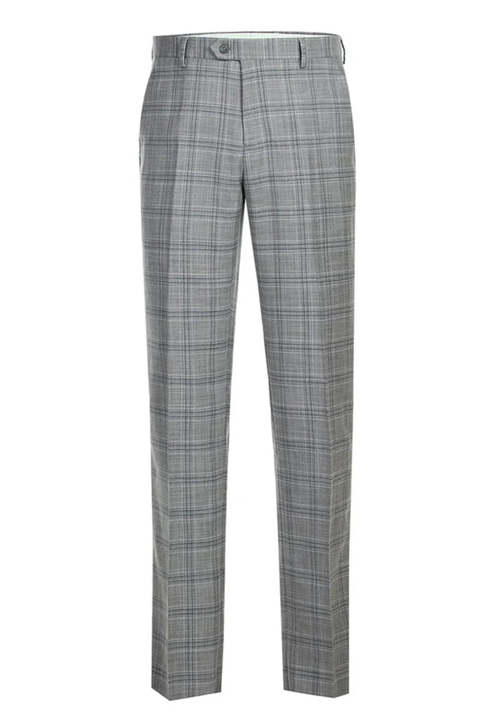 Cheap priced Suit- Mens Classic Fit Two Button Light Grey And Navy Blue Suit  Windowpane Plaid