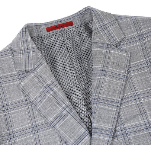Cheap priced Suit- Mens Classic Fit Two Button Light Grey And Navy Blue Suit  Windowpane Plaid