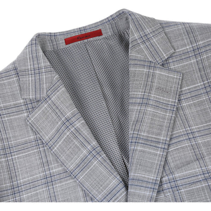 Cheap priced Suit- Mens Classic Fit Two Button Light Grey And Navy Blue Suit  Windowpane Plaid