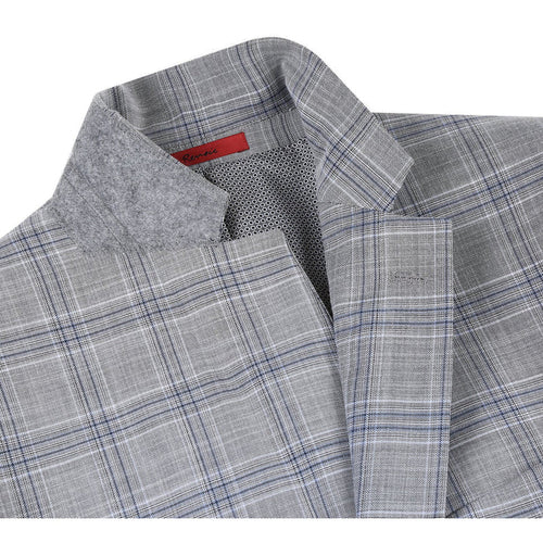 Cheap priced Suit- Mens Classic Fit Two Button Light Grey And Navy Blue Suit  Windowpane Plaid