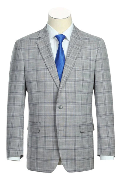 Cheap priced Suit- Mens Classic Fit Two Button Light Grey And Navy Blue Suit  Windowpane Plaid