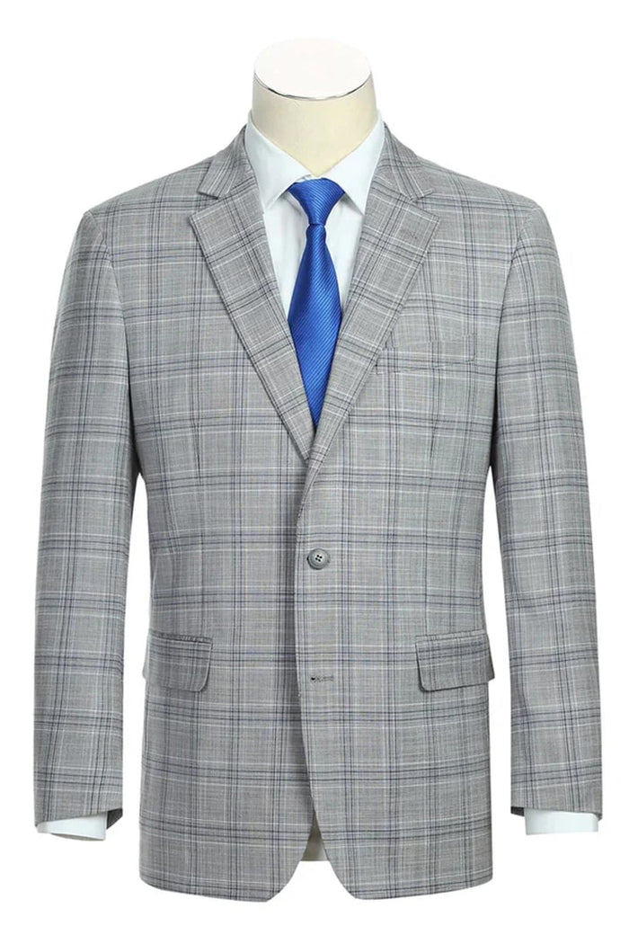 Cheap priced Suit- Mens Classic Fit Two Button Light Grey And Navy Blue Suit  Windowpane Plaid