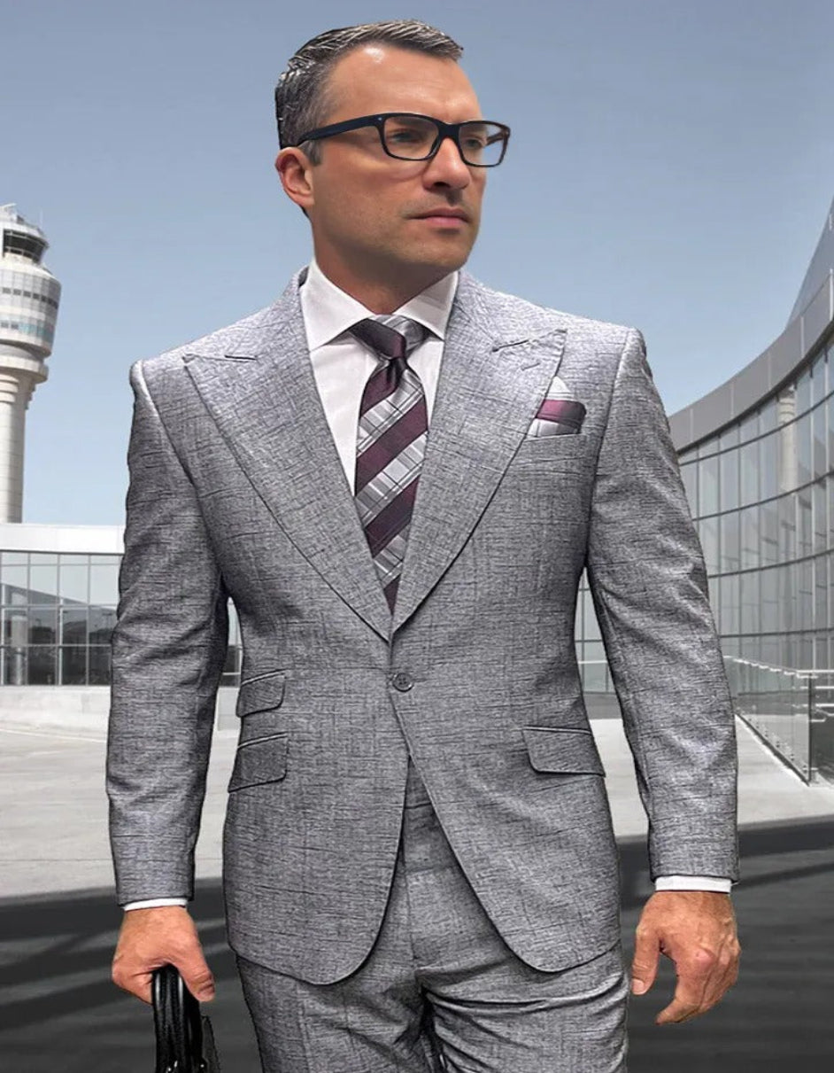 Men's Designer One Button Peak Lapel Wool Light Grey Windowpane Suit - 34 Short or Extra Small